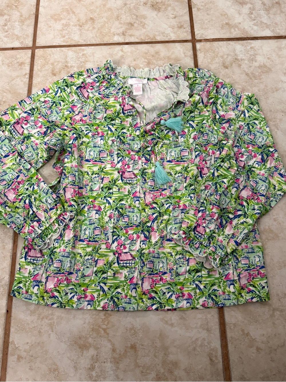 Tropical Print Ruffle-Trim Blouse in Pink & Green